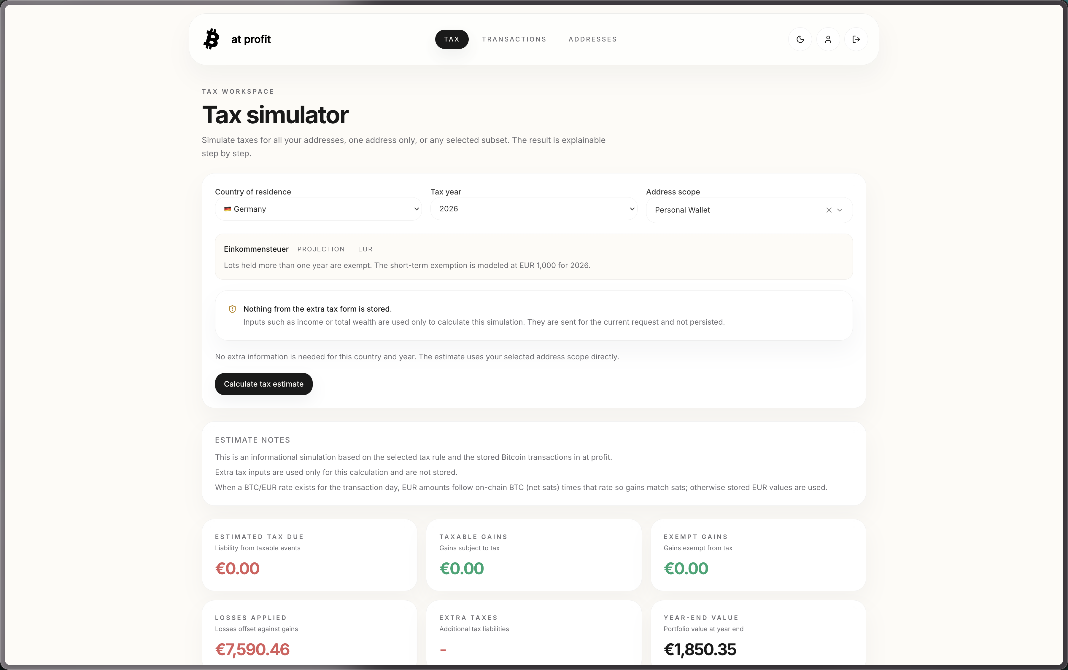 Tax simulator with country and year selected